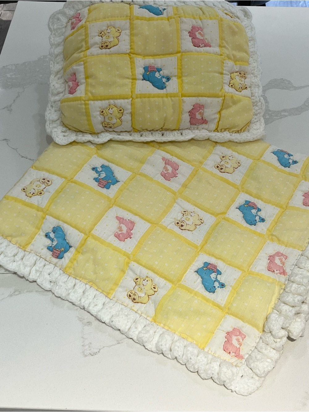 Vintage Care Bears Handmade Baby Quilt & Pillow Set